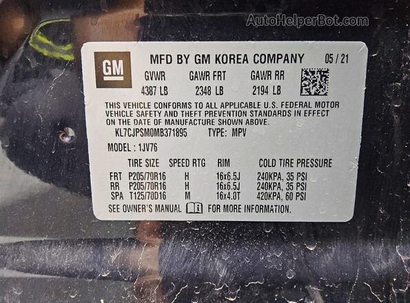 KL7CJPSM0MB371895 2021 CHEVROLET TRAX Blue Вид наклейки з VIN-кодом