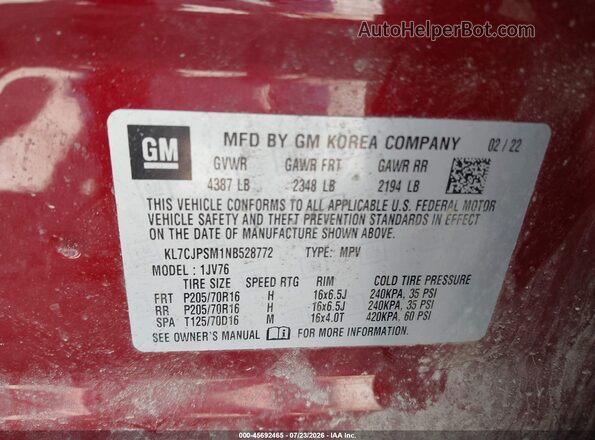 KL7CJPSM1NB528772 2022 CHEVROLET TRAX Red Engine compartment view