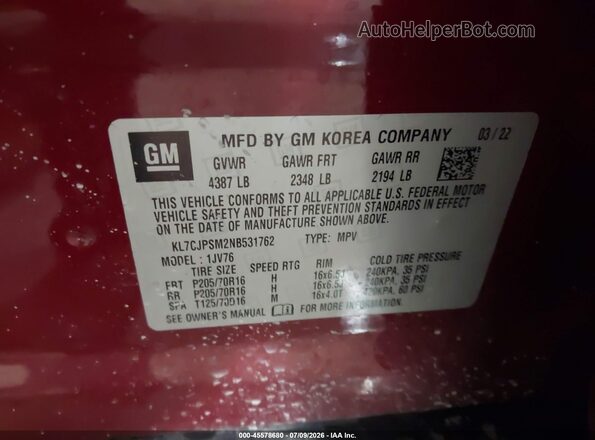 KL7CJPSM2NB531762 2022 CHEVROLET TRAX Красный Вид подкапотного пространства