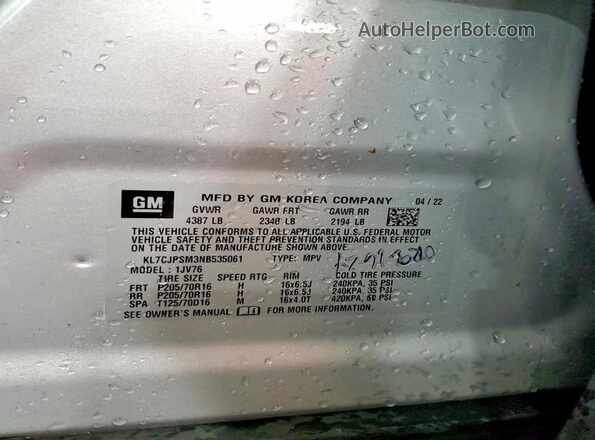 KL7CJPSM3NB535061 2022 CHEVROLET TRAX Silver Вид наклейки з VIN-кодом