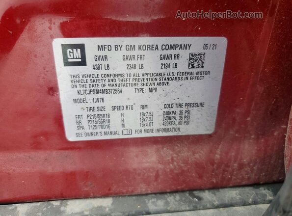 KL7CJPSM4MB372564 2021 CHEVROLET TRAX Red Vista de la etiqueta del VIN