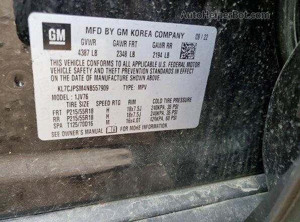 KL7CJPSM4NB557909 2022 CHEVROLET TRAX Black Widok naklejki z numerem VIN