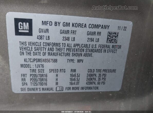 KL7CJPSM5NB567588 2022 CHEVROLET TRAX Коричневый Вид подкапотного пространства