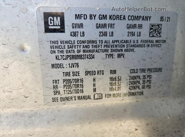KL7CJPSM8MB374334 2021 CHEVROLET TRAX Silver Vista interior de 360 grados