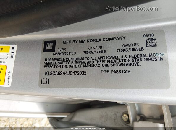 KL8CA6SA4JC472035 2018 CHEVROLET SPARK Silver Շարժիչի բաժամունքի տեսք