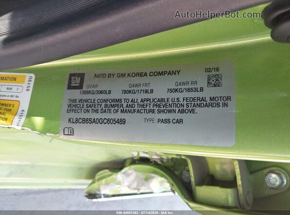 KL8CB6SA0GC605489 2016 CHEVROLET SPARK Green Вид підкапотного простору