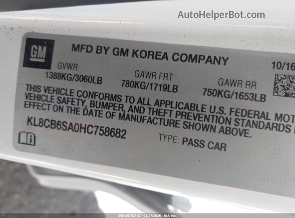 KL8CB6SA0HC758682 2017 CHEVROLET SPARK White Vista del compartimento del motor