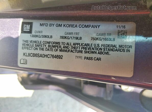 KL8CB6SA0HC764692 2017 CHEVROLET SPARK Фиолетовый Вид подкапотного пространства
