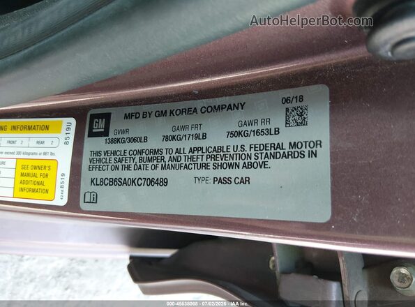 KL8CB6SA0KC706489 2019 CHEVROLET SPARK Purple ძრავის განყოფილების ხედი