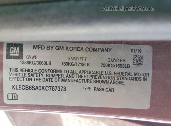 KL8CB6SA0KC767373 2019 CHEVROLET SPARK Purple Вид наклейки з VIN-кодом