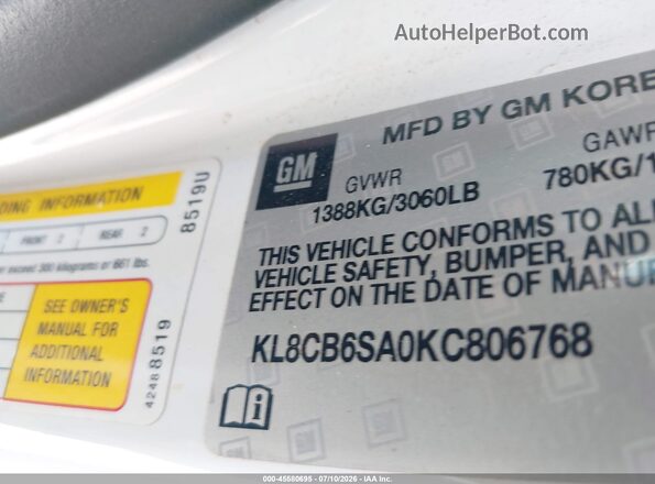 KL8CB6SA0KC806768 2019 CHEVROLET SPARK White ძრავის განყოფილების ხედი