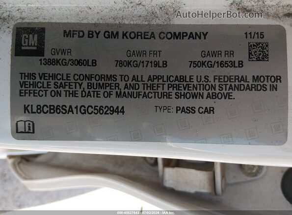 KL8CB6SA1GC562944 2016 CHEVROLET SPARK White Вид підкапотного простору