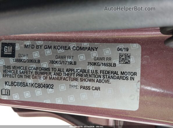 KL8CB6SA1KC804902 2019 CHEVROLET SPARK Red Vista del compartimento del motor