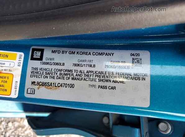 KL8CB6SA1LC470100 2020 CHEVROLET SPARK Blue Engine compartment view