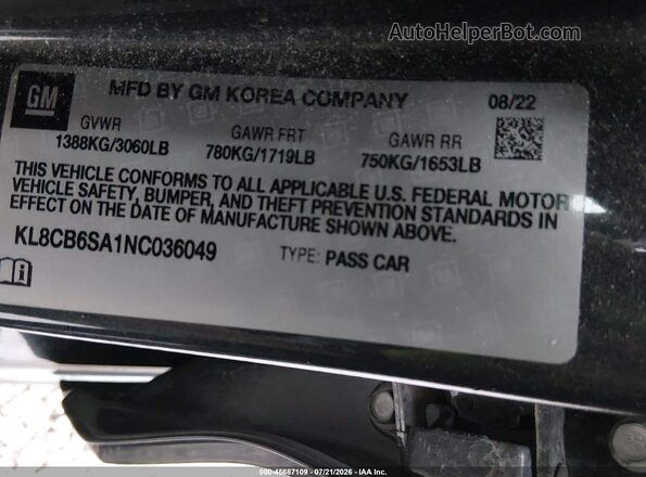 KL8CB6SA1NC036049 2022 CHEVROLET SPARK Gray Widok komory silnika