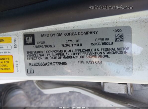 KL8CB6SA2MC728495 2021 CHEVROLET SPARK White Engine compartment view