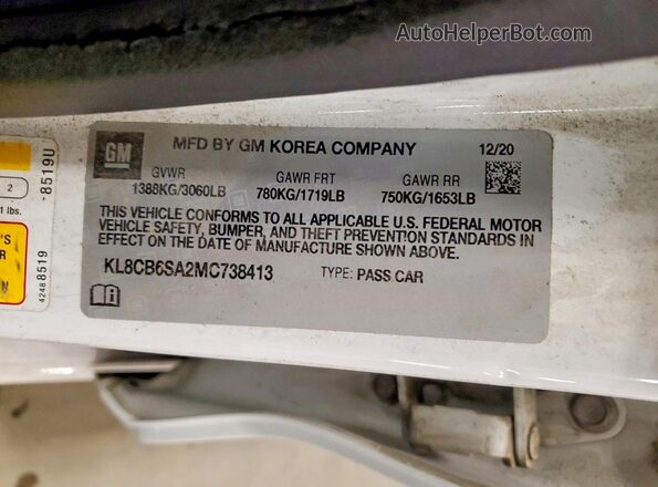 KL8CB6SA2MC738413 2021 CHEVROLET SPARK White Вид наклейки з VIN-кодом