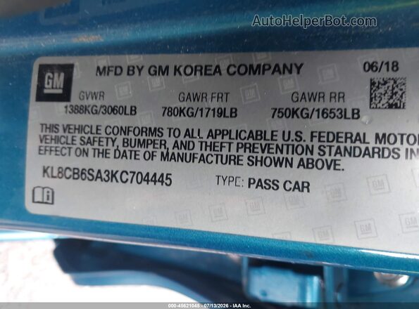 KL8CB6SA3KC704445 2019 CHEVROLET SPARK Синий Вид подкапотного пространства