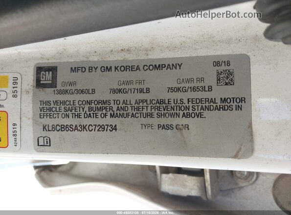 KL8CB6SA3KC729734 2019 CHEVROLET SPARK Белый Вид подкапотного пространства