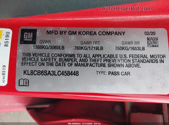 KL8CB6SA3LC458448 2020 CHEVROLET SPARK Красный Вид подкапотного пространства