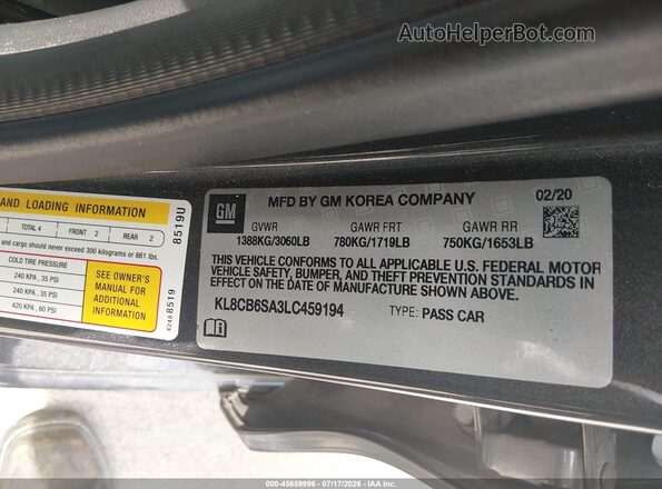 KL8CB6SA3LC459194 2020 CHEVROLET SPARK Gray Vista del compartimento del motor