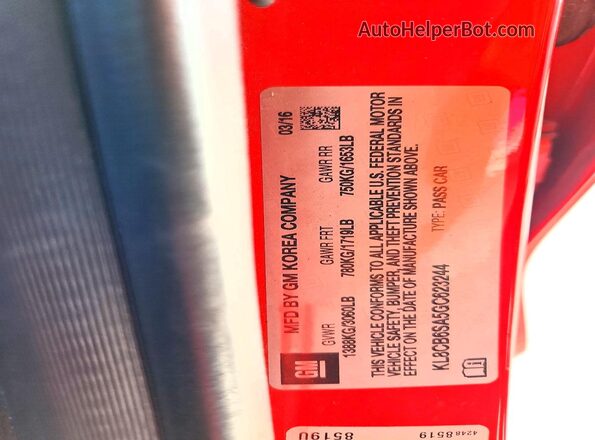 KL8CB6SA5GC623244 2016 CHEVROLET SPARK Red VIN კოდის სტიკერის ხედი