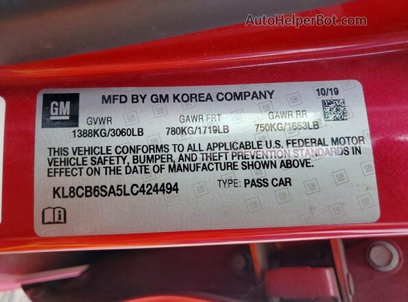 KL8CB6SA5LC424494 2020 CHEVROLET SPARK Red Vista del compartimento del motor