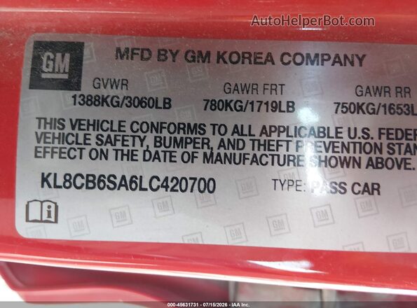 KL8CB6SA6LC420700 2020 CHEVROLET SPARK Red Widok komory silnika