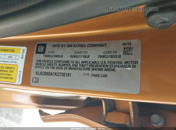 KL8CB6SA7KC735181 2019 CHEVROLET SPARK Оранжевый Вид подкапотного пространства