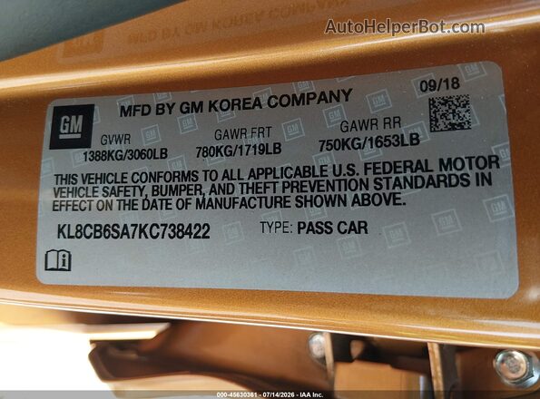 KL8CB6SA7KC738422 2019 CHEVROLET SPARK Orange Вид підкапотного простору