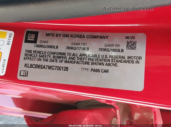 KL8CB6SA7MC700126 2021 CHEVROLET SPARK Red Engine compartment view
