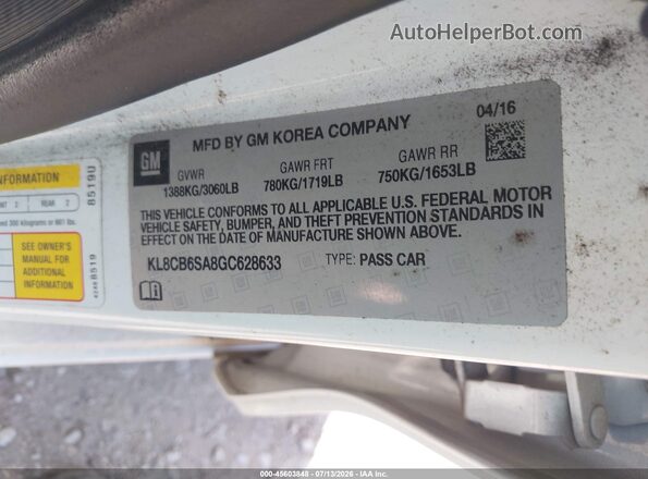 KL8CB6SA8GC628633 2016 CHEVROLET SPARK White Vista del compartimento del motor