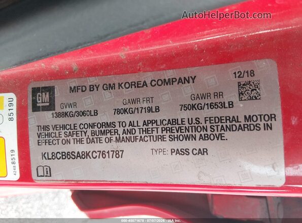 KL8CB6SA8KC761787 2019 CHEVROLET SPARK Красный Вид подкапотного пространства