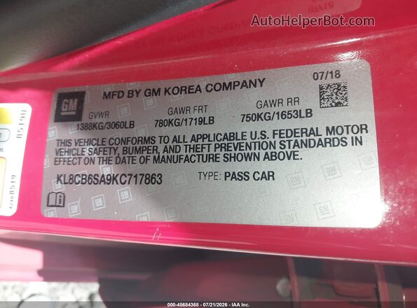 KL8CB6SA9KC717863 2019 CHEVROLET SPARK Red ძრავის განყოფილების ხედი