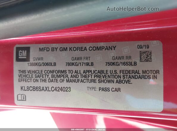 KL8CB6SAXLC424023 2020 CHEVROLET SPARK Темно-бордовый Вид подкапотного пространства