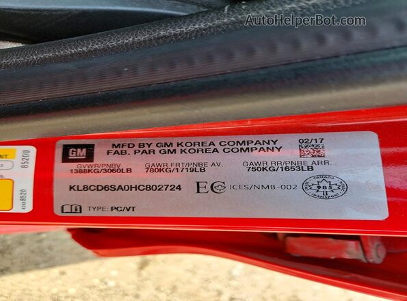 KL8CD6SA0HC802724 2017 CHEVROLET SPARK Red Вид наклейки з VIN-кодом