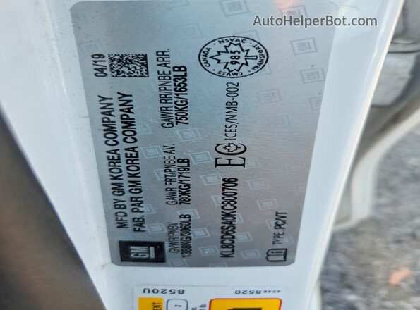 KL8CD6SA0KC800706 2019 CHEVROLET SPARK White Vista de la etiqueta del VIN