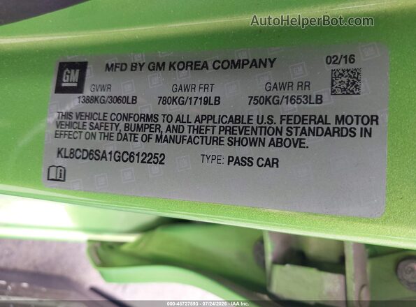 KL8CD6SA1GC612252 2016 CHEVROLET SPARK Green Вид підкапотного простору