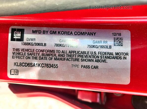 KL8CD6SA1KC763455 2019 CHEVROLET SPARK Red Vista de la etiqueta del VIN