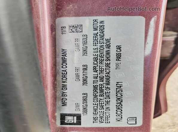 KL8CD6SA2KC757471 2019 CHEVROLET SPARK Pink ძრავის განყოფილების ხედი