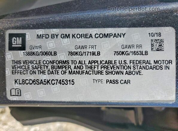 KL8CD6SA5KC745315 2019 CHEVROLET SPARK Charcoal VIN sticker view