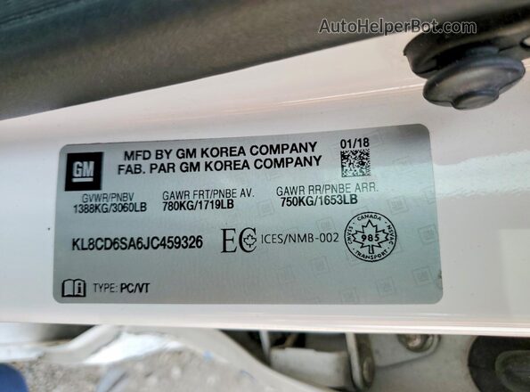 KL8CD6SA6JC459326 2018 CHEVROLET SPARK Белый Вид наклейки с VIN-кодом