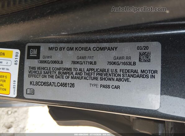 KL8CD6SA7LC466126 2020 CHEVROLET SPARK Gray Widok komory silnika