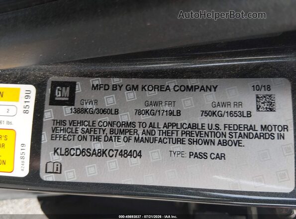 KL8CD6SA8KC748404 2019 CHEVROLET SPARK Gray Engine compartment view