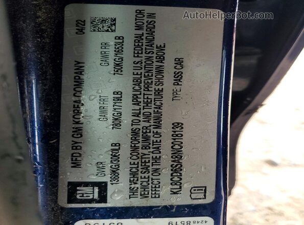 KL8CD6SA8NC018139 2022 CHEVROLET SPARK Синий Вид наклейки с VIN-кодом