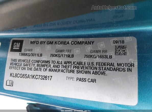 KL8CG6SA1KC732617 2019 CHEVROLET SPARK Blue Vista del compartimento del motor