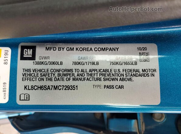 KL8CH6SA7MC729351 2021 CHEVROLET SPARK Blue VIN կոդի պիտակի տեսք