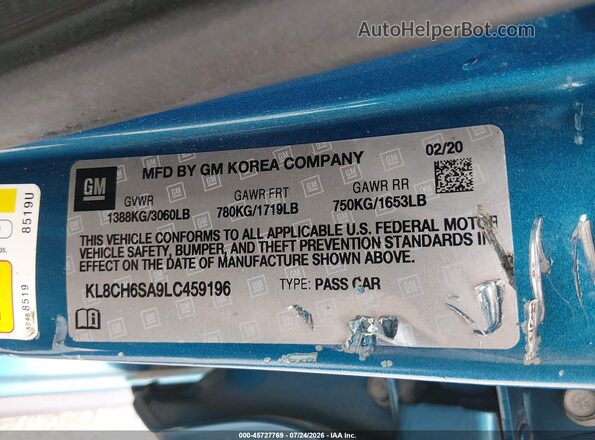 KL8CH6SA9LC459196 2020 CHEVROLET SPARK Blue Շարժիչի բաժամունքի տեսք