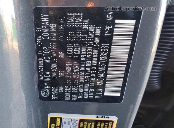 KM8HA3AB5TU383931 2026 HYUNDAI KONA Gray VIN კოდის სტიკერის ხედი