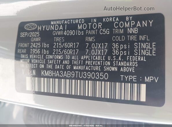 KM8HA3AB9TU390350 2026 HYUNDAI KONA Gray Vista del compartimento del motor